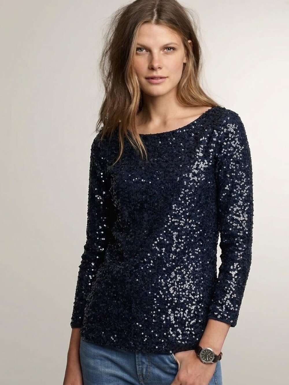 J.Crew Navy Blue Sequined Ballet Neck Long Sleeve Blouse Knit Top Stretch Tee S